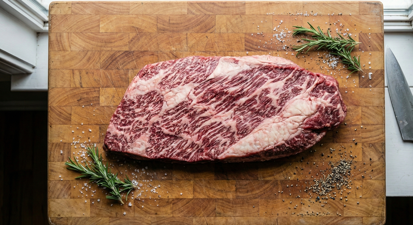 Raw steak on a wooden cutting board with rosemary and pepper, knife on the side.