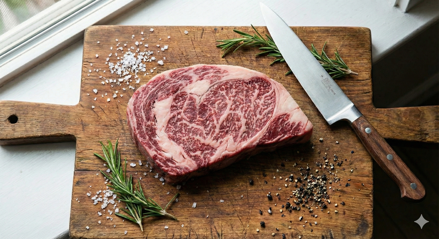 Steak on a wooden cutting board with rosemary and salt, next to a knife.