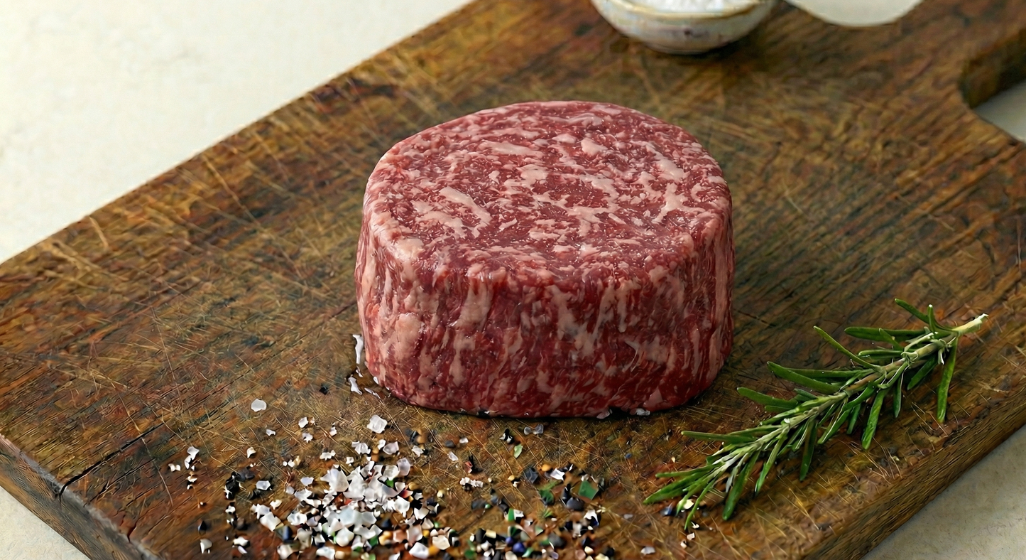 Raw steak on a wooden cutting board with rosemary and salt, on a light background