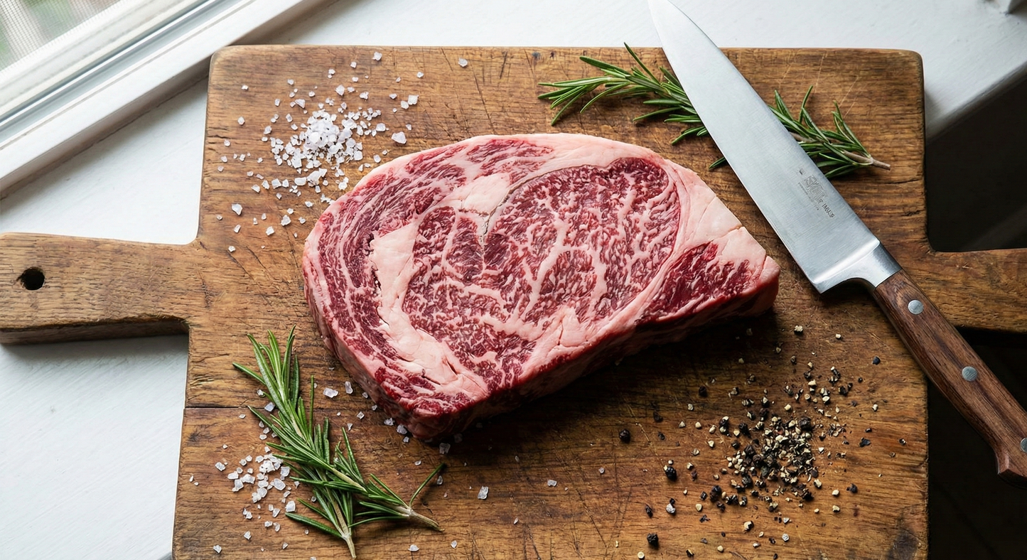Raw American Wagyu Ribeye steak on a cutting board with salt and rosemary