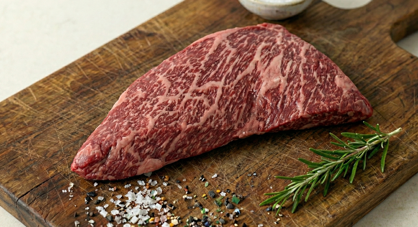 Raw steak on a wooden cutting board with rosemary and spices