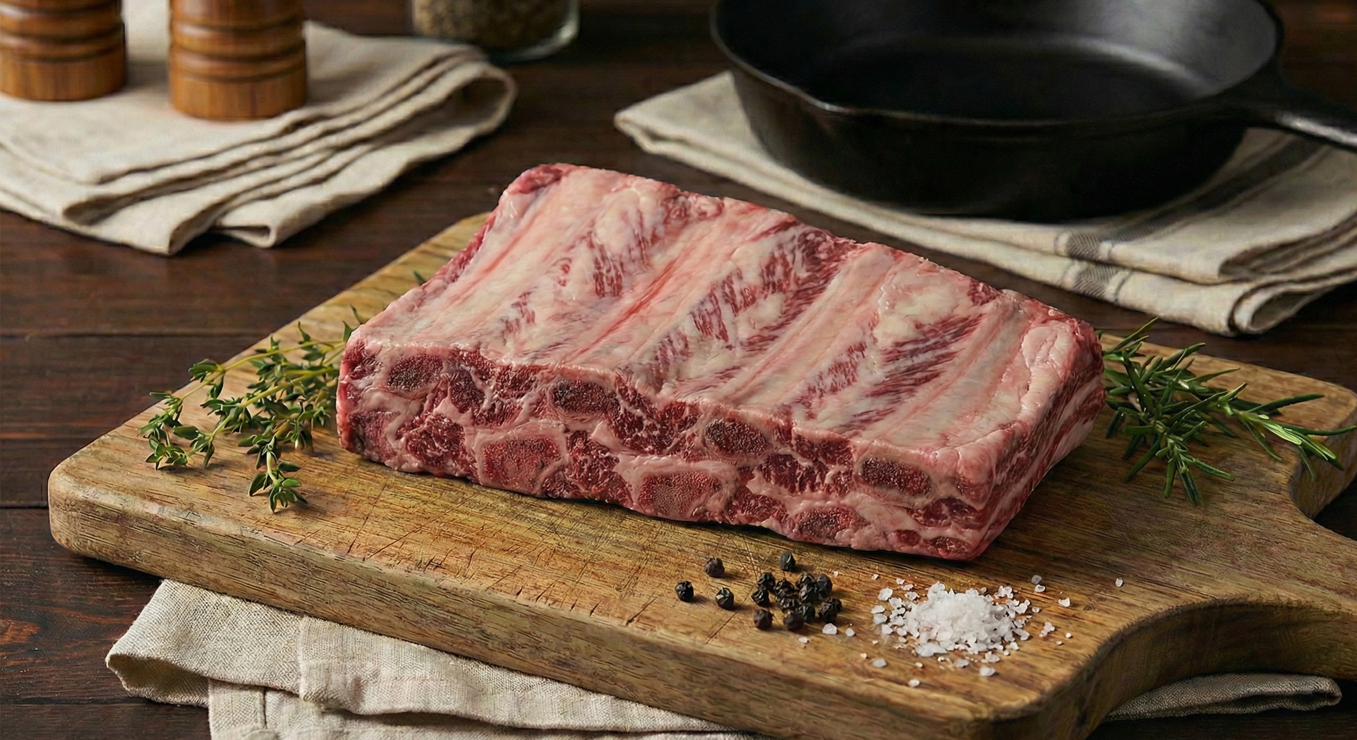 Raw Beef ribs on a cutting board with garnishes. 