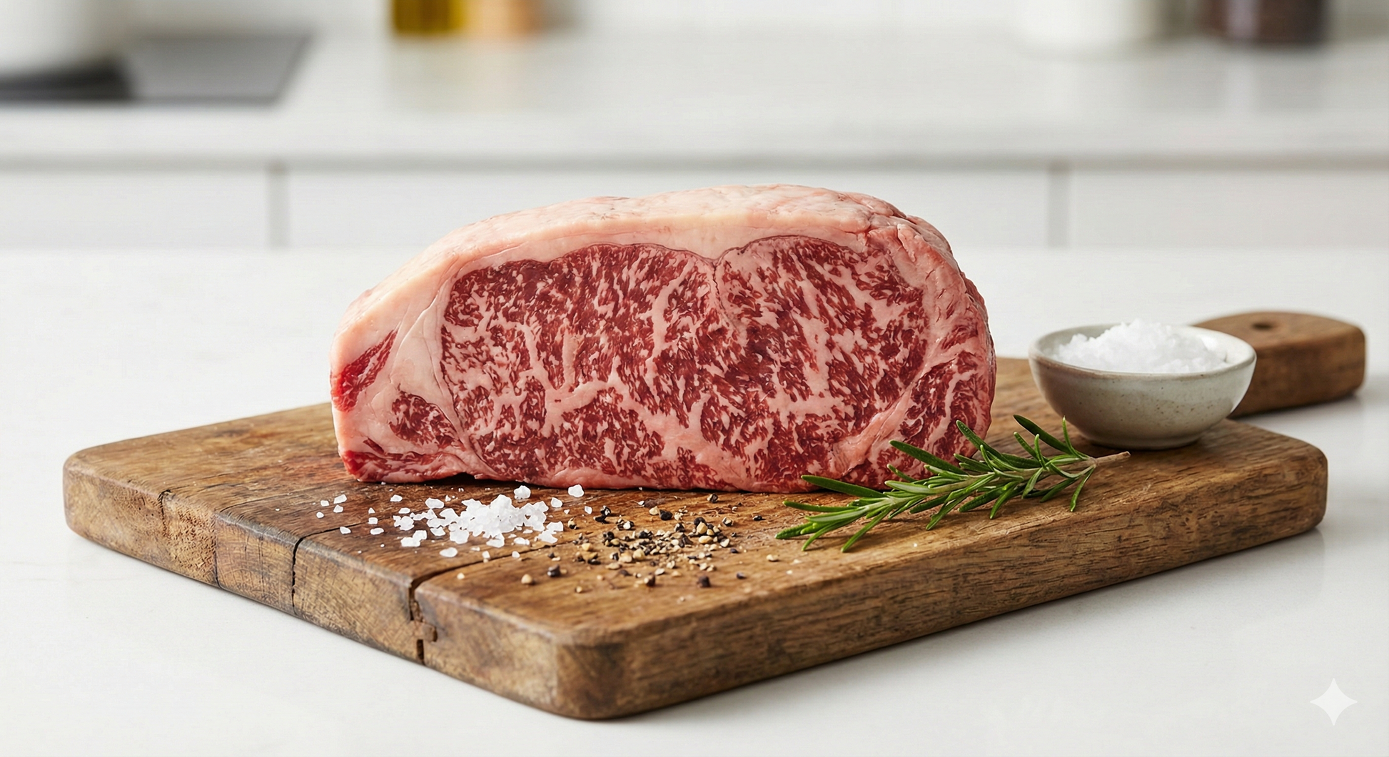 Raw steak on a wooden cutting board with salt and rosemary, on a white background