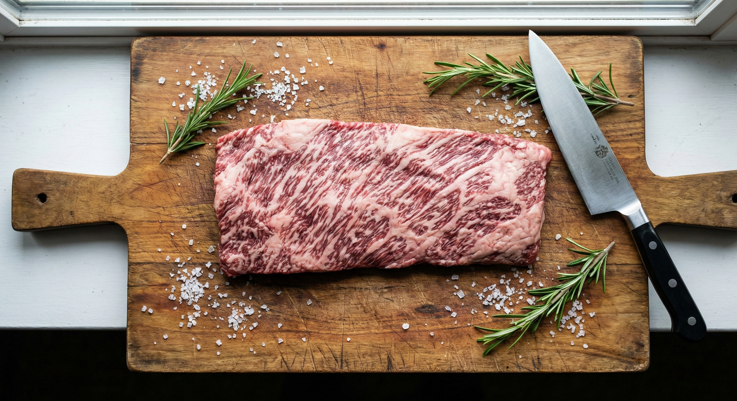 Raw steak on a wooden cutting board with rosemary and salt, accompanied by a knife.