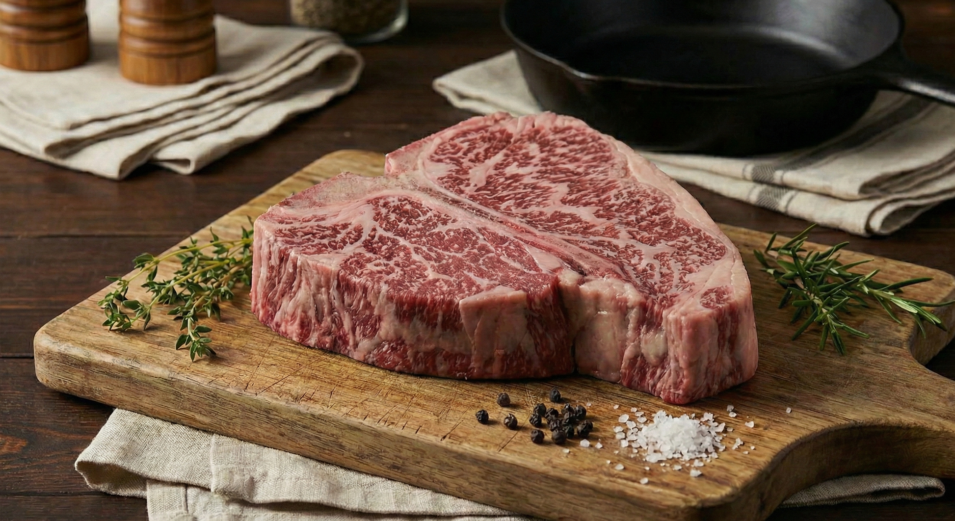 Raw steak on a cutting board with seasonings. 