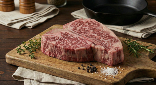 Raw steak on a cutting board with seasonings. 