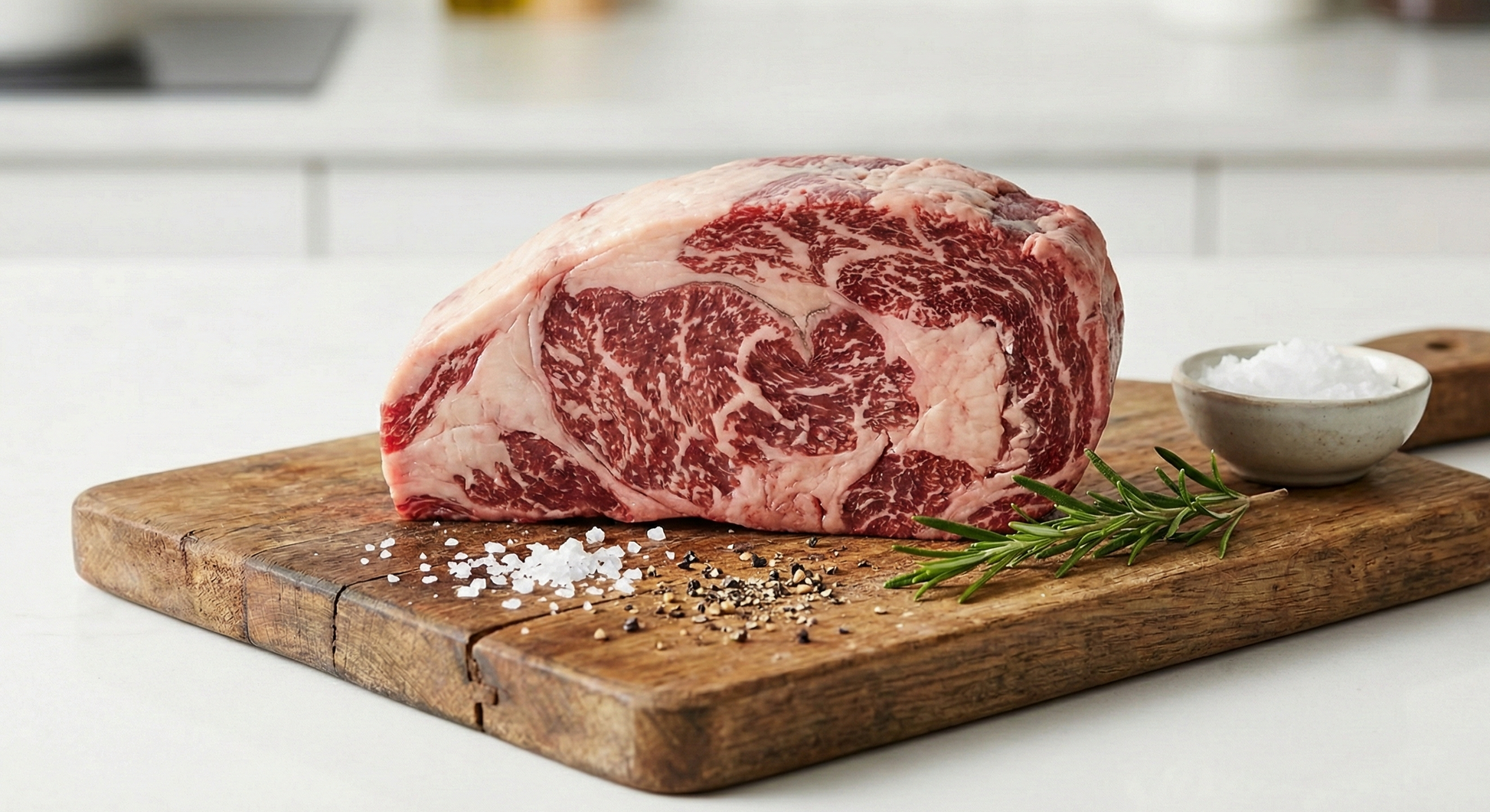 Raw ribeye steak on a wooden cutting board with salt and pepper