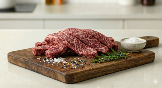 Raw beef on a wooden cutting board with salt and herbs on a kitchen counter.