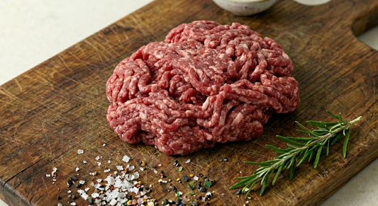 Raw ground meat on a wooden cutting board with rosemary and salt, on a light background